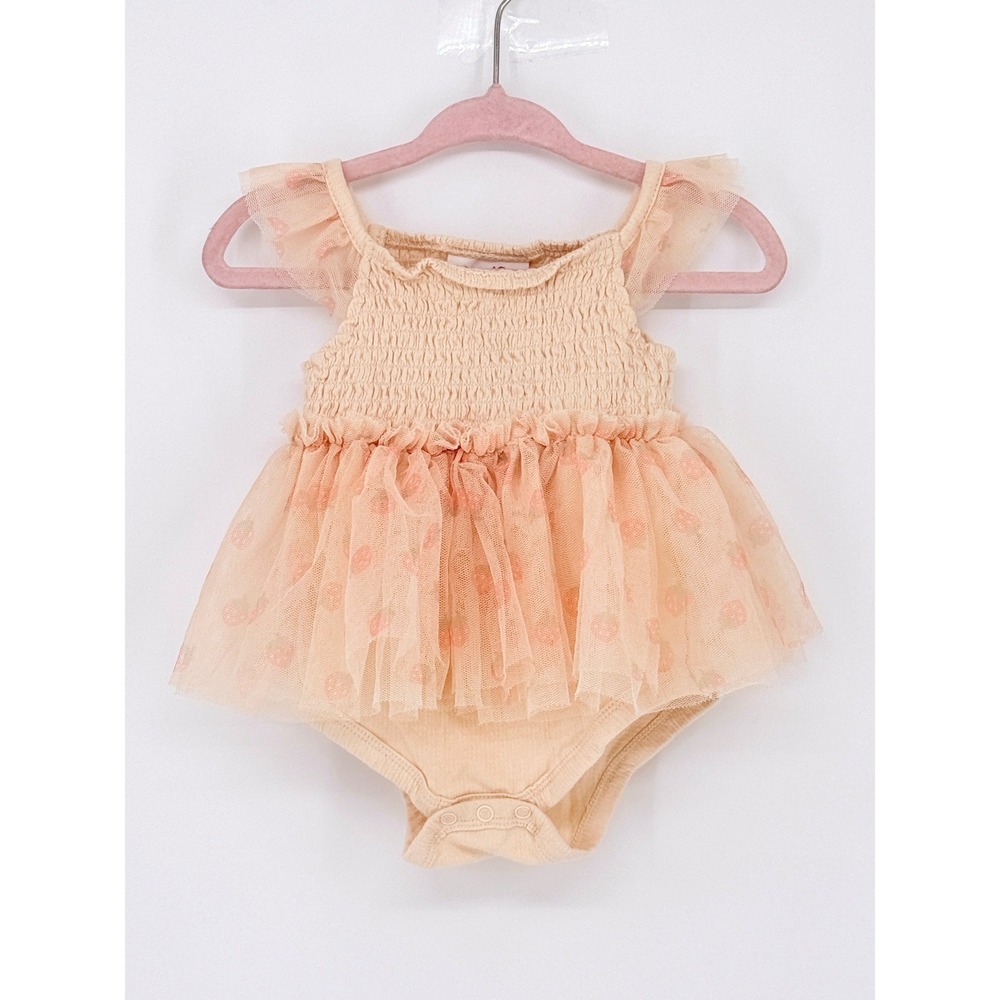 Little Lass Baby Strawberry Tulle Smocked Tutu Peach Bodysuit Dress Size 6/9M